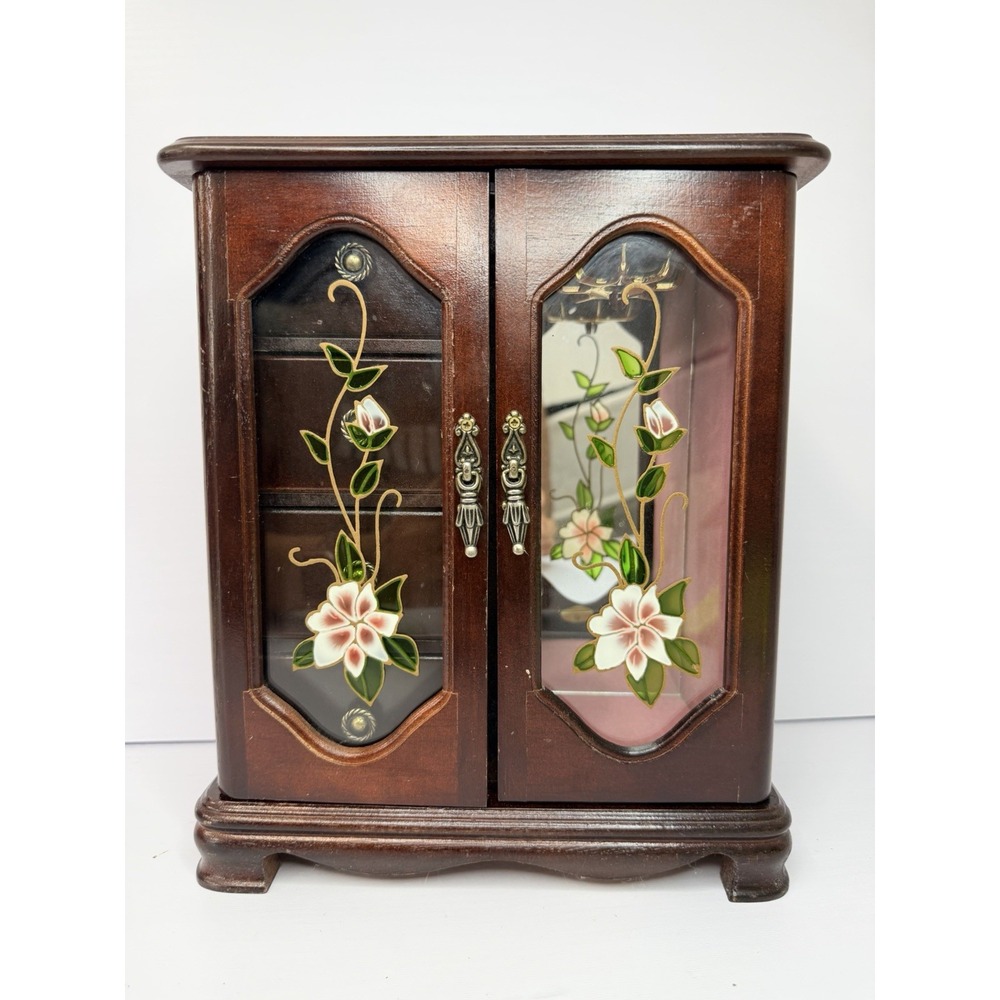 Vintage Wooden Jewelry Box Armoire Pink Velvet Drawers Rotating Hanger Glass